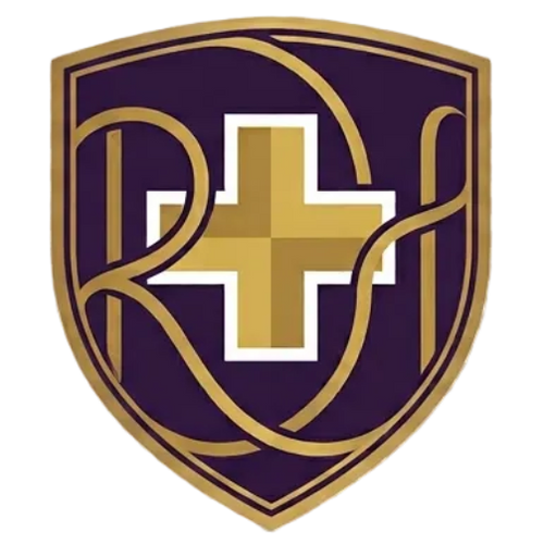 A shield-shaped logo emblem featuring a white cross over a dark purple background with gold decorative lettering and border, centered on a transparent checkerboard-style background.